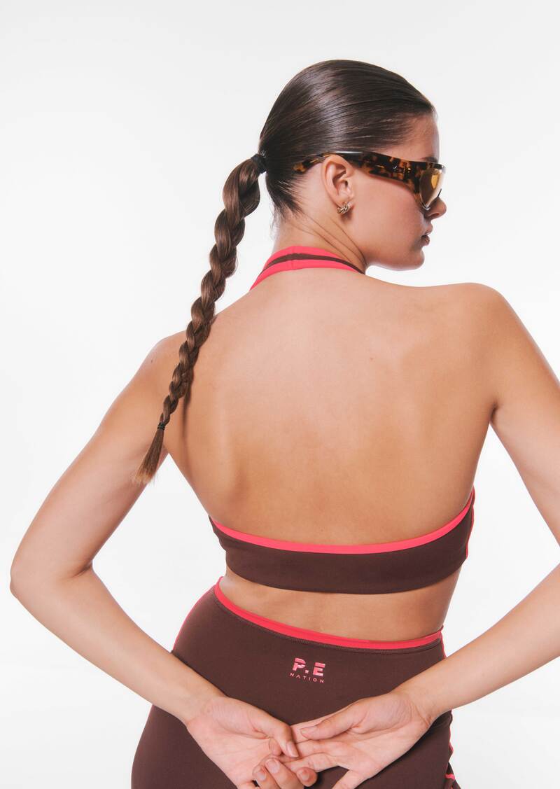 Radar Halter Sports Bra in Mahogany & Diva Pink by P.E Nation, Women's Athleisure Sports Bras