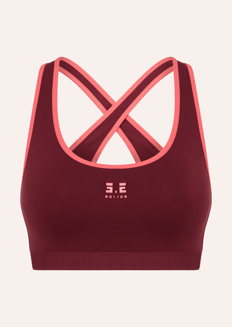 ADAPTION SEAMLESS SPORTS BRA IN CABERNET & STRAWBERRY BY P.E NATION, WOMEN'S ATHLEISURE SPORTS BRAS