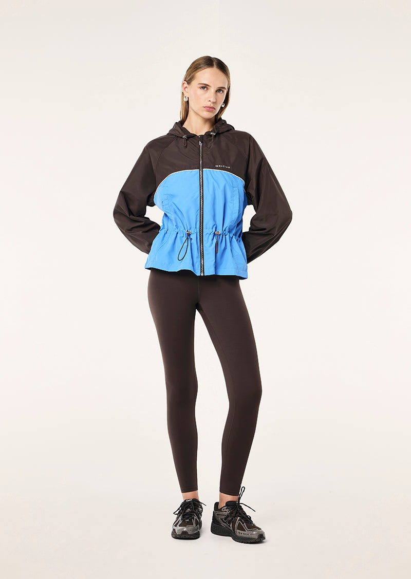 ALIGNMENT JACKET IN COFFEE & MARINA BLUE BY P.E NATION, WOMEN'S ATHLEISURE SPRAY JACKETS