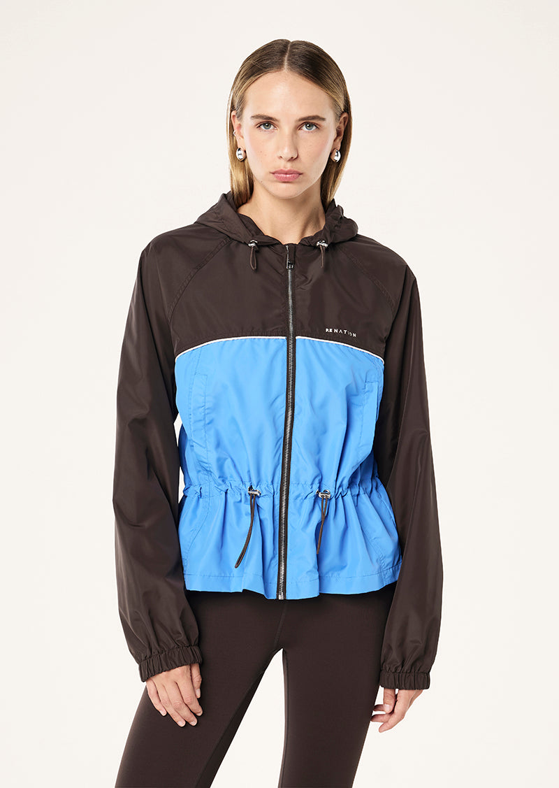 ALIGNMENT JACKET IN COFFEE & MARINA BLUE BY P.E NATION, WOMEN'S ATHLEISURE SPRAY JACKETS