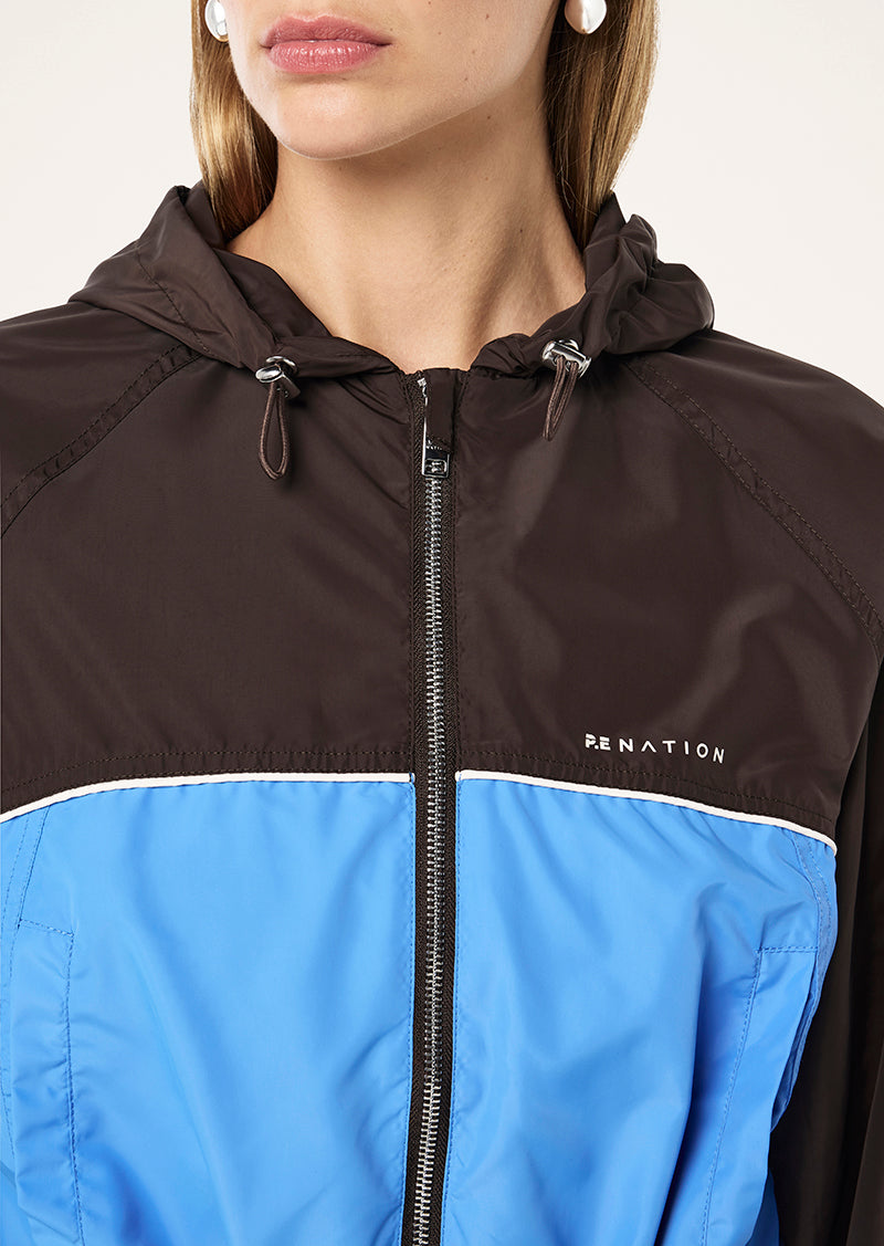 ALIGNMENT JACKET IN COFFEE & MARINA BLUE BY P.E NATION, WOMEN'S ATHLEISURE SPRAY JACKETS
