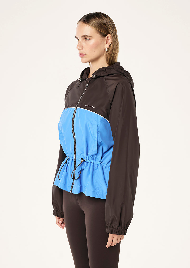 ALIGNMENT JACKET IN COFFEE & MARINA BLUE BY P.E NATION, WOMEN'S ATHLEISURE SPRAY JACKETS
