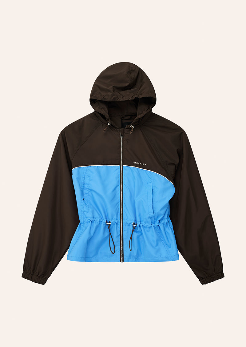 ALIGNMENT JACKET IN COFFEE & MARINA BLUE BY P.E NATION, WOMEN'S ATHLEISURE SPRAY JACKETS