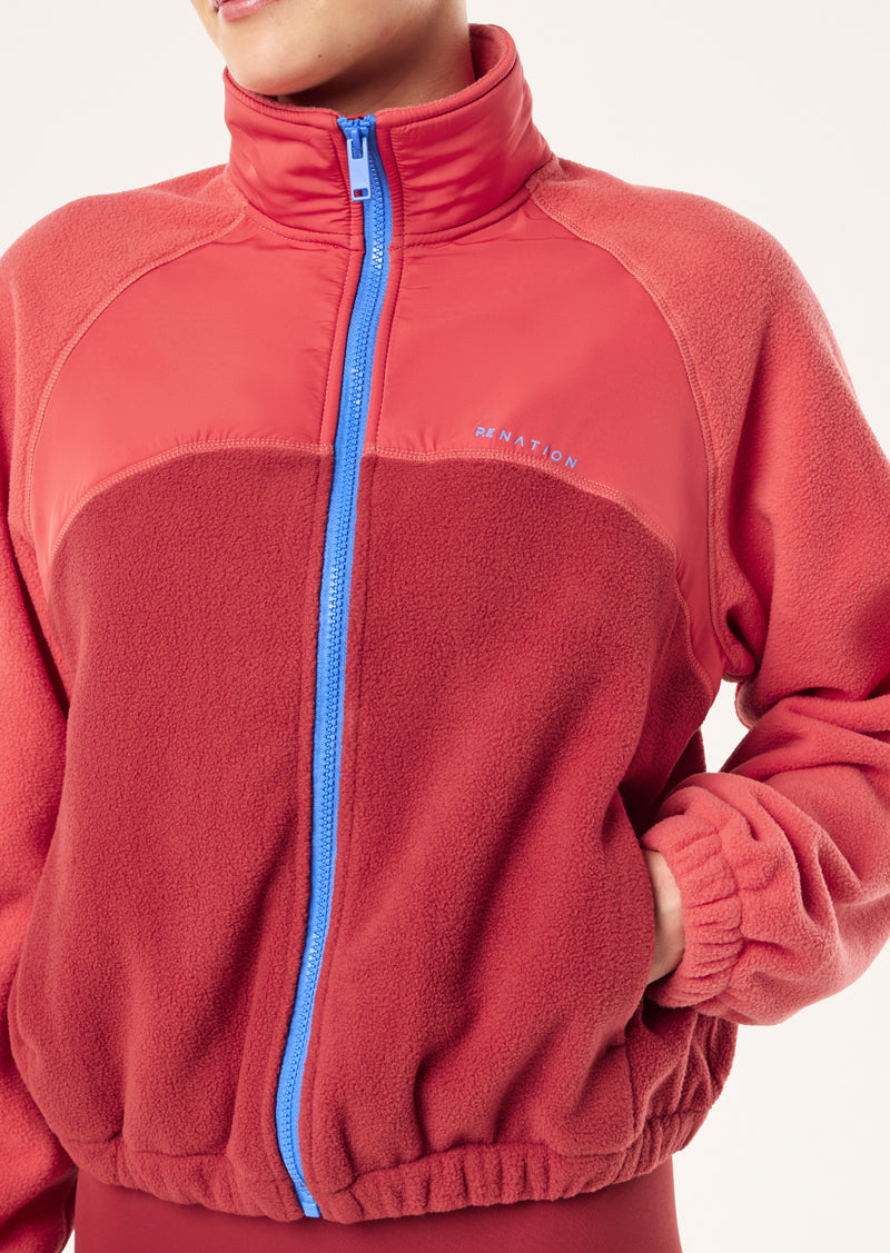 ALUMNI JACKET IN STRAWBERRY & CHERRY BY P.E NATION, WOMEN'S ATHLEISURE SHERPA JACKETS