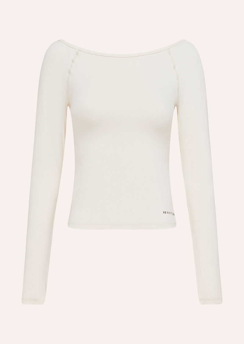 AURA LONG SLEEVE TOP IN WHISPER WHITE BY P.E NATION, WOMENS ATHLEISURE ACTIVE TOP CREAM