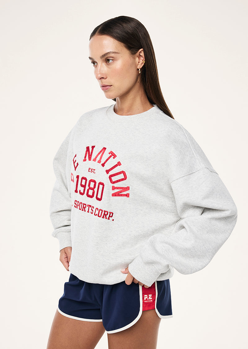 BACKSPIN SWEAT IN GREY MARLE BY P.E NATION, WOMEN'S ATHLEISURE SWEATS