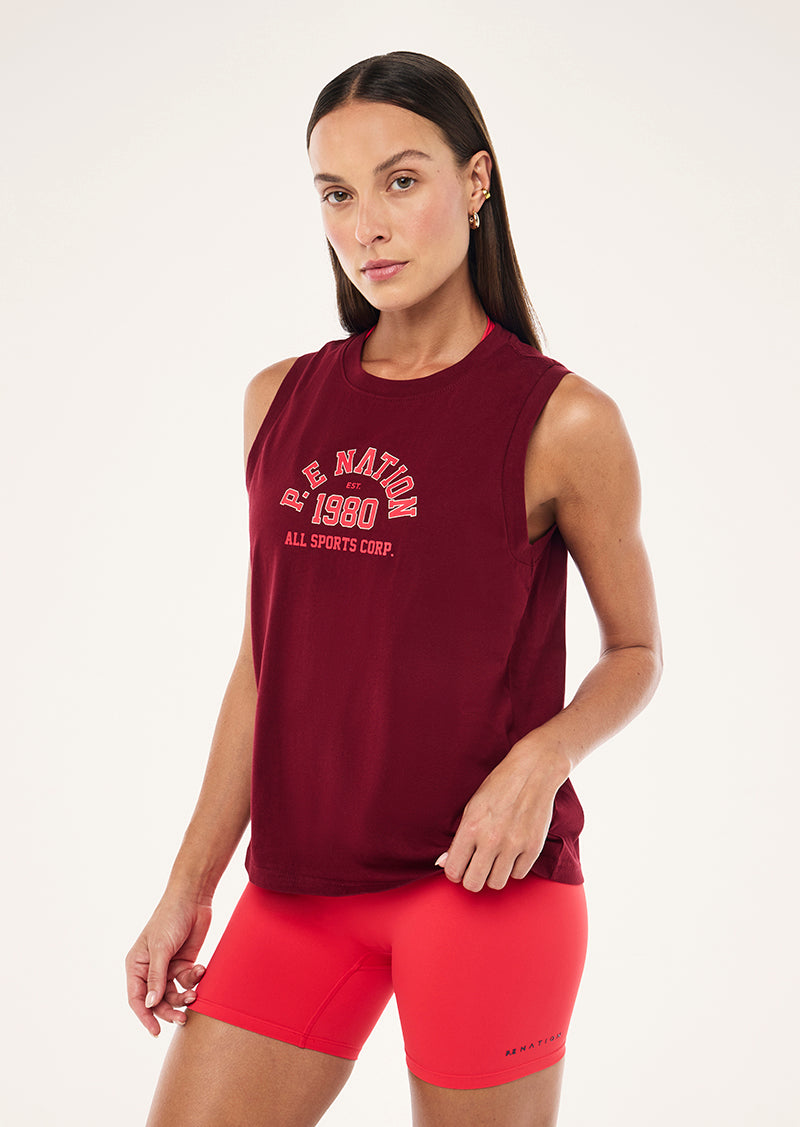 BACKSPIN TANK IN CABERNET BY P.E NATION, WOMEN'S ATHLEISURE TANKS