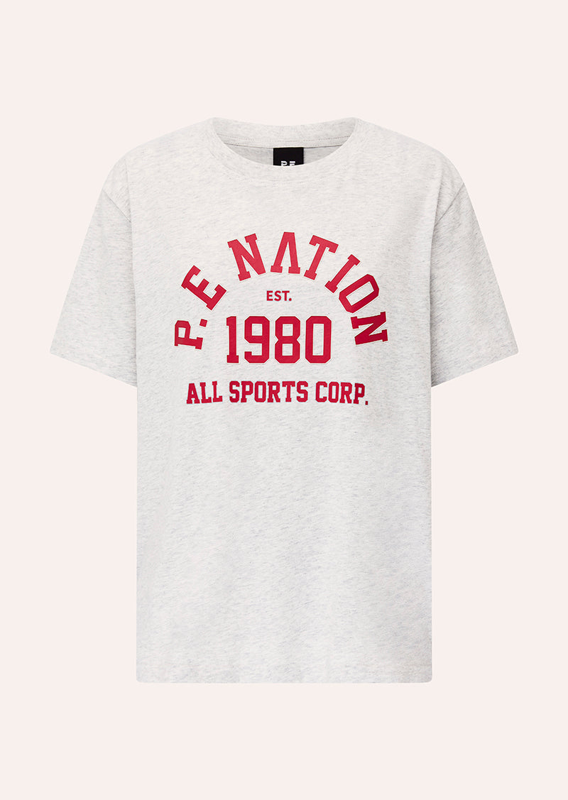 BACKSPIN TEE IN GREY MARLE & STRAWBERRY BY P.E NATION, WOMEN'S ATHLEISURE TEES