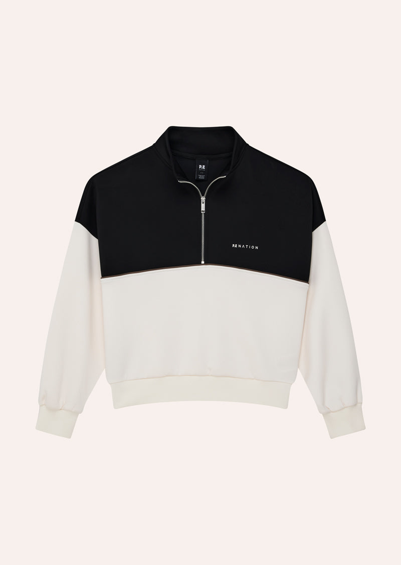 BOUNDLESS ZIP NECK SWEAT IN WHISPER WHITE BY P.E NATION, WOMENS ATHLEISURE QUARTER ZIP SWEAT TOP CREAM
