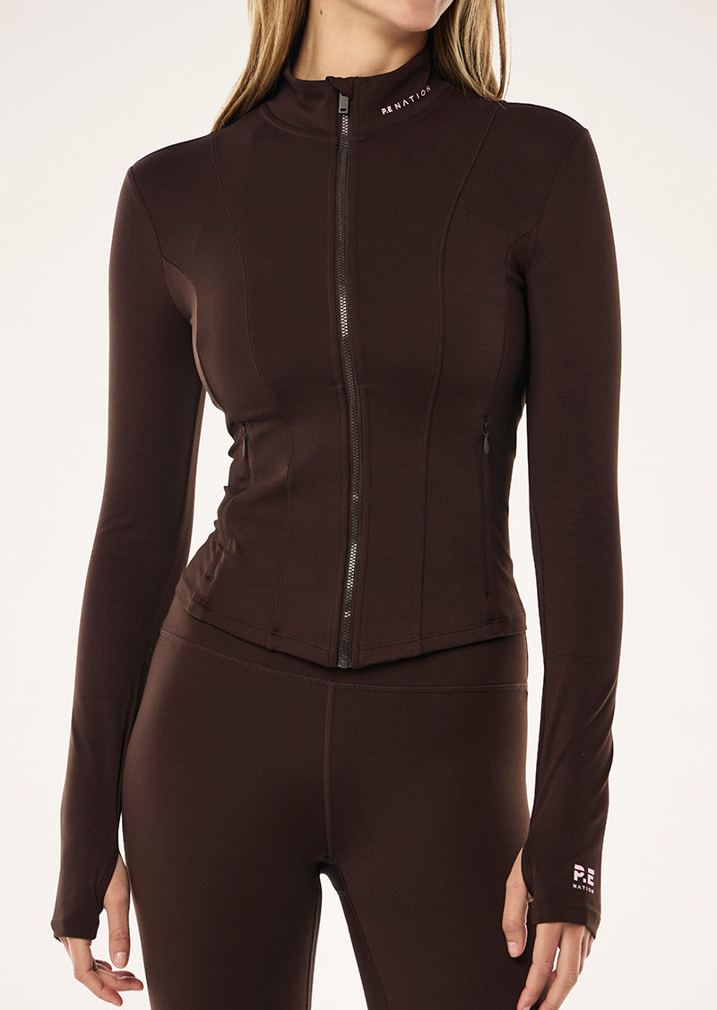 BREKATHROUGH JACKET IN ESPRESSO BY P.E NATION, WOMENS ACTIVE JACKET BROWN