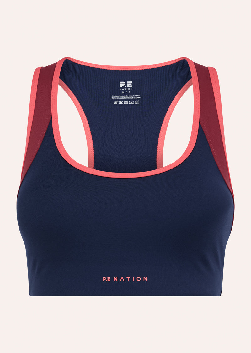 CONVEX SPORTS BRA IN DARK NAVY BY P.E NATION, WOMEN'S ATHLEISURE SPORTS BRAS