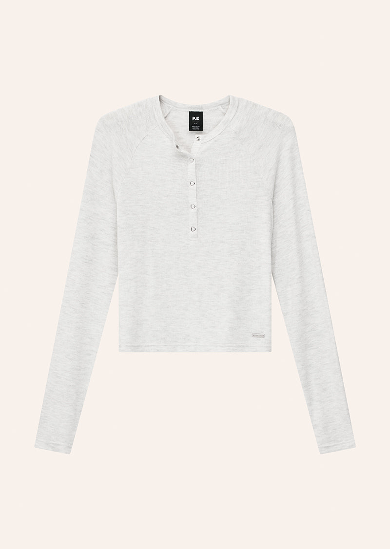 HAVEN LONG SLEEVE TOP IN SNOW MARLE BY P.E NATION, WOMEN'S ATHLEISURE HENLEY TOPS