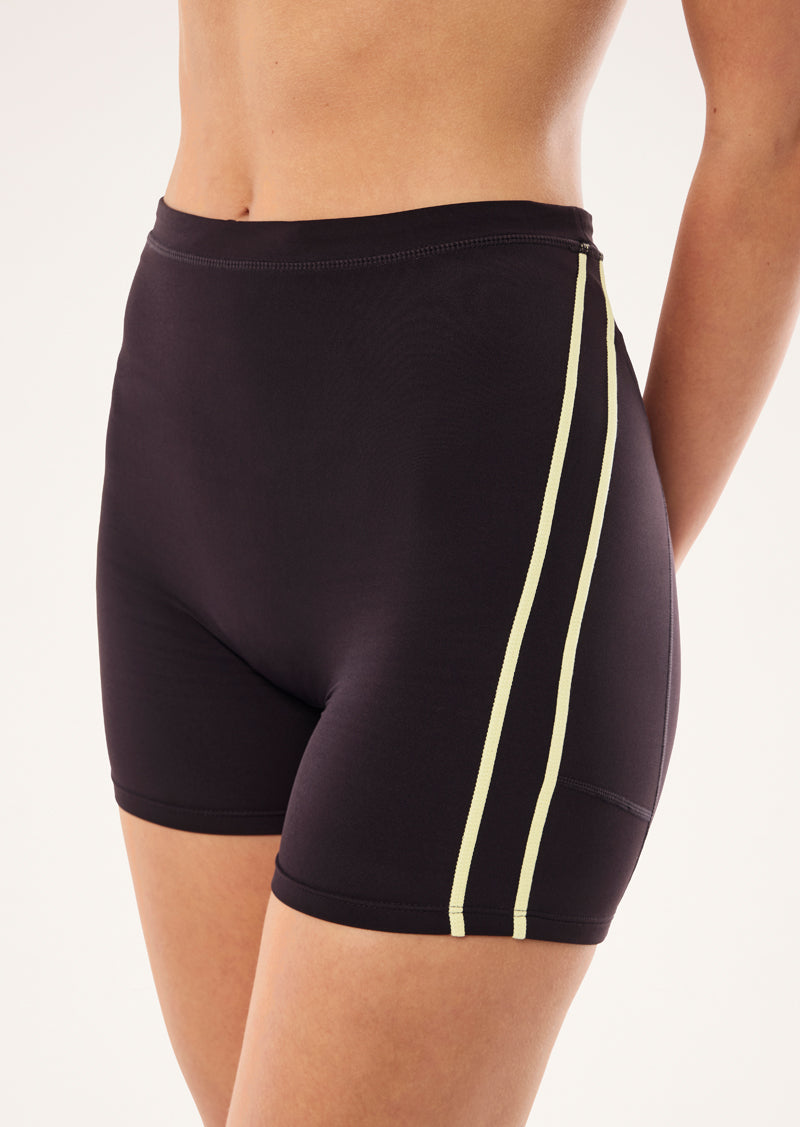 CYPHER BIKE SHORT IN BLACK BEAN AND SOFT YELLOW BY P.E NATION, WOMEN'S ATHLEISURE BIKE SHORTS