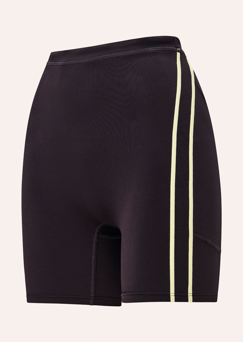 CYPHER BIKE SHORT IN BLACK BEAN AND SOFT YELLOW BY P.E NATION, WOMEN'S ATHLEISURE BIKE SHORTS