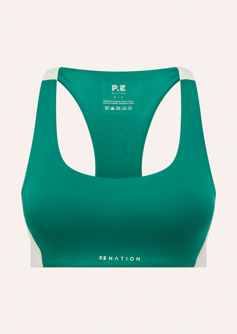 DYNAMIC SPORTS BRA IN COLLEGE GREEN BY P.E NATION, WOMEN'S ATHLEISURE SPORTS BRA