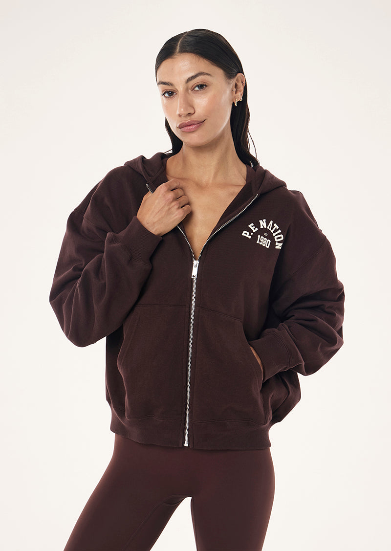 ESTABLISHED ZIP THRU HOODIE IN MAHOGANY