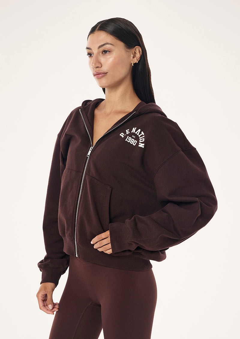 ESTABLISHED ZIP THRU HOODIE IN MAHOGANY
