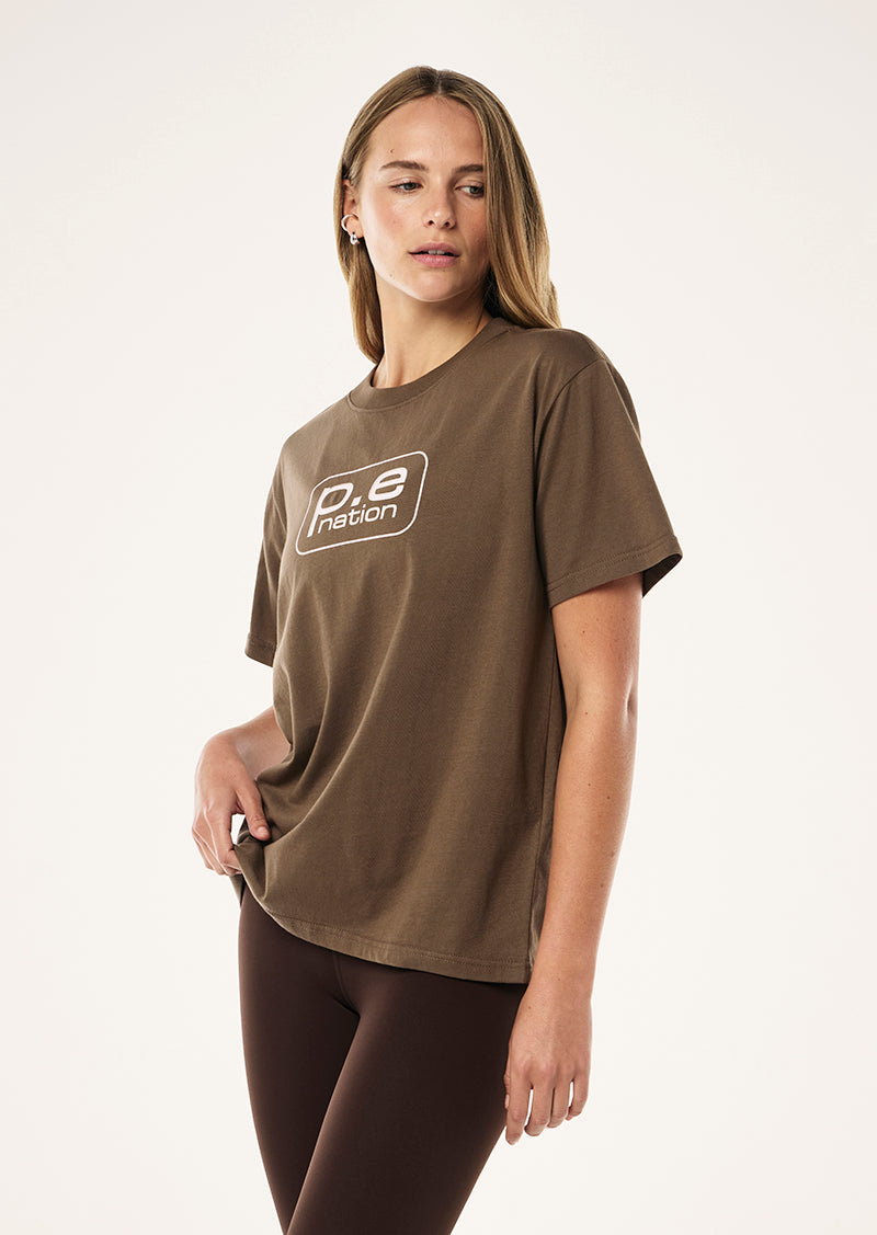 FLUX TEE IN WALNUT BY P.E NATION, WOMENS ATHLEISURE TEE BROWN