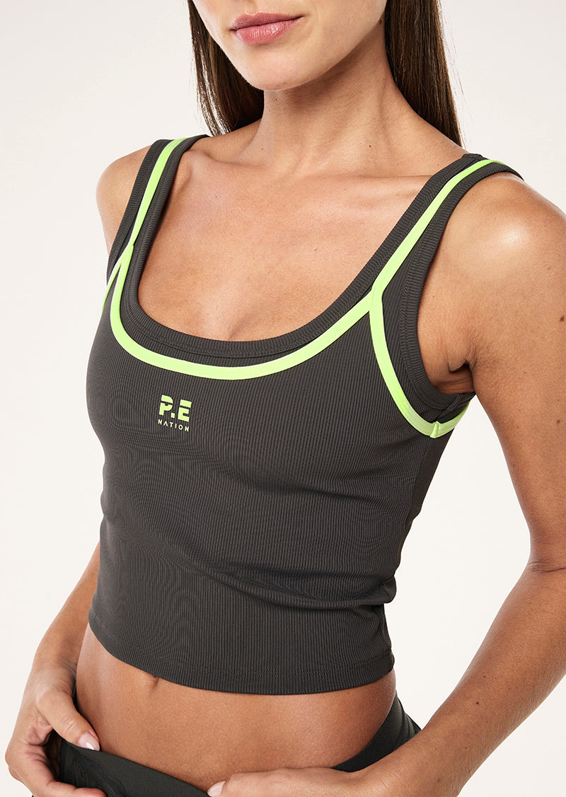 FORWARD TANK IN CAVIAR AND WASHED LIME BY P.E NATION, WOMEN'S ATHLEISURE TANK TOPS