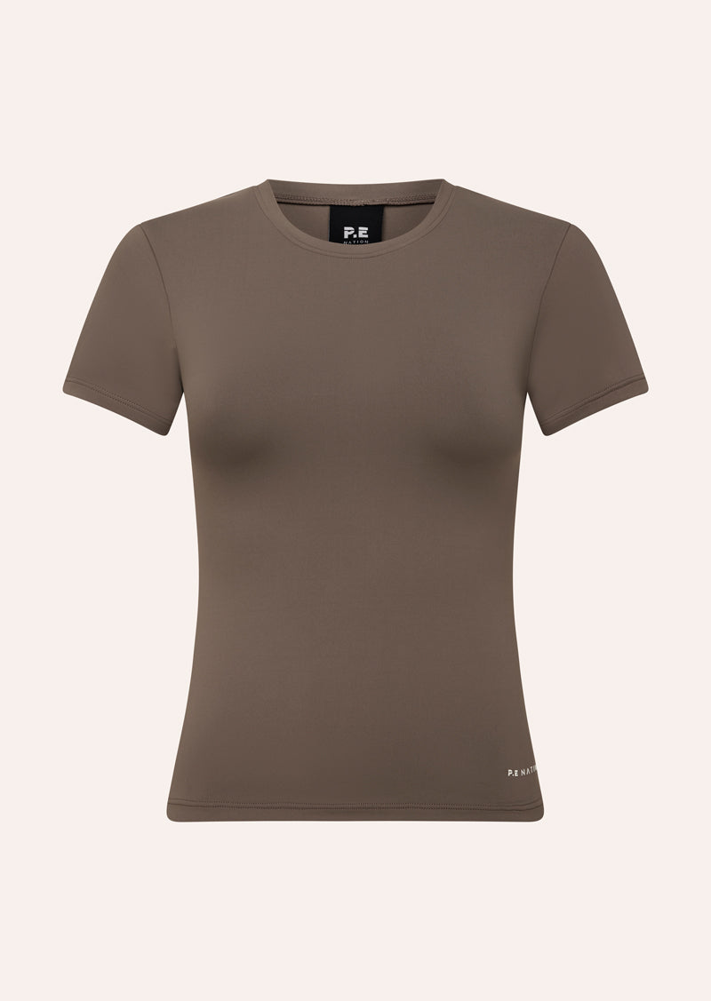 FOUNDATION SHORT SLEEVE TEE IN WALNUT BY P.E NATION, WOMENS ACTIVE TEE BROWN