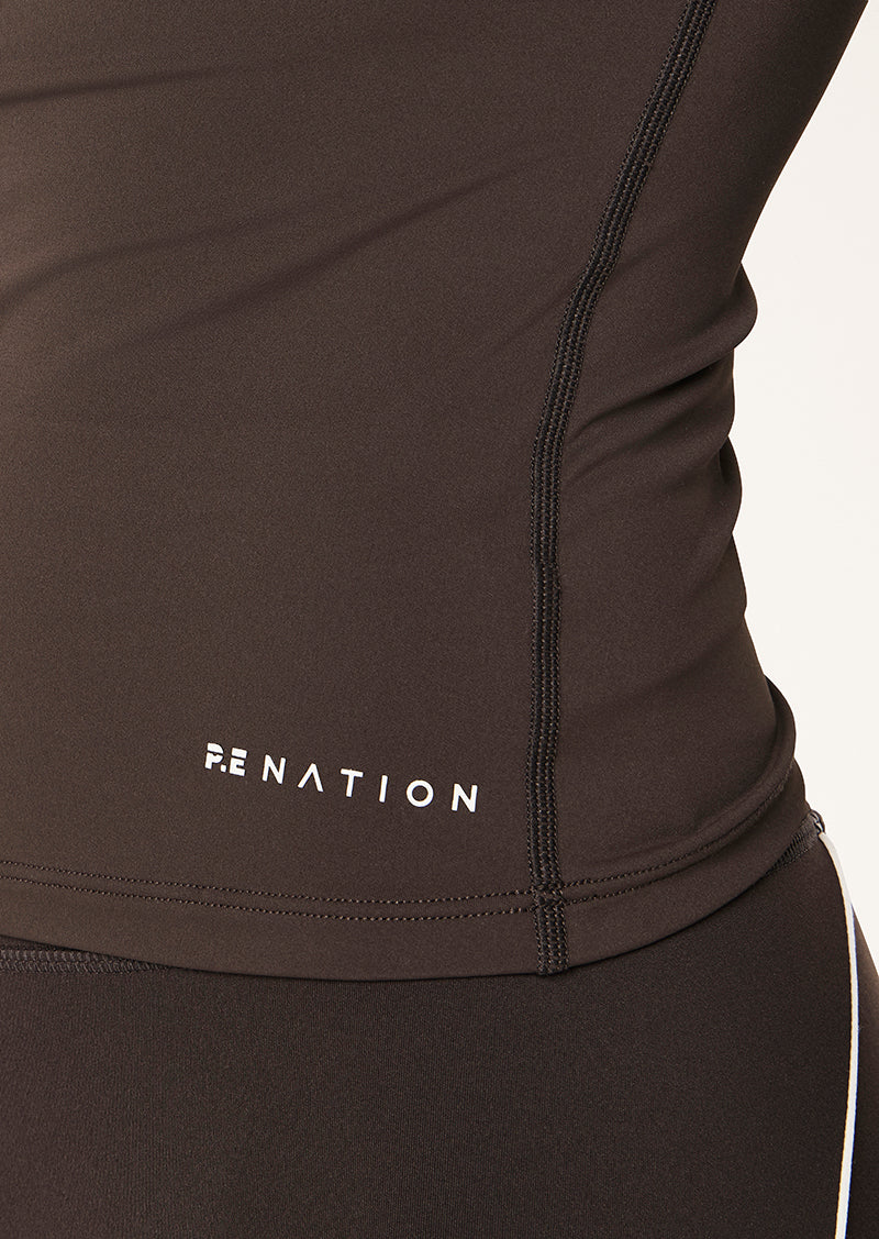 FOUNDATION LONG SLEEVE TOP IN COFFEE BY P.E NATION, WOMEN'S ATHLEISURE LONG SLEEVE TOPS