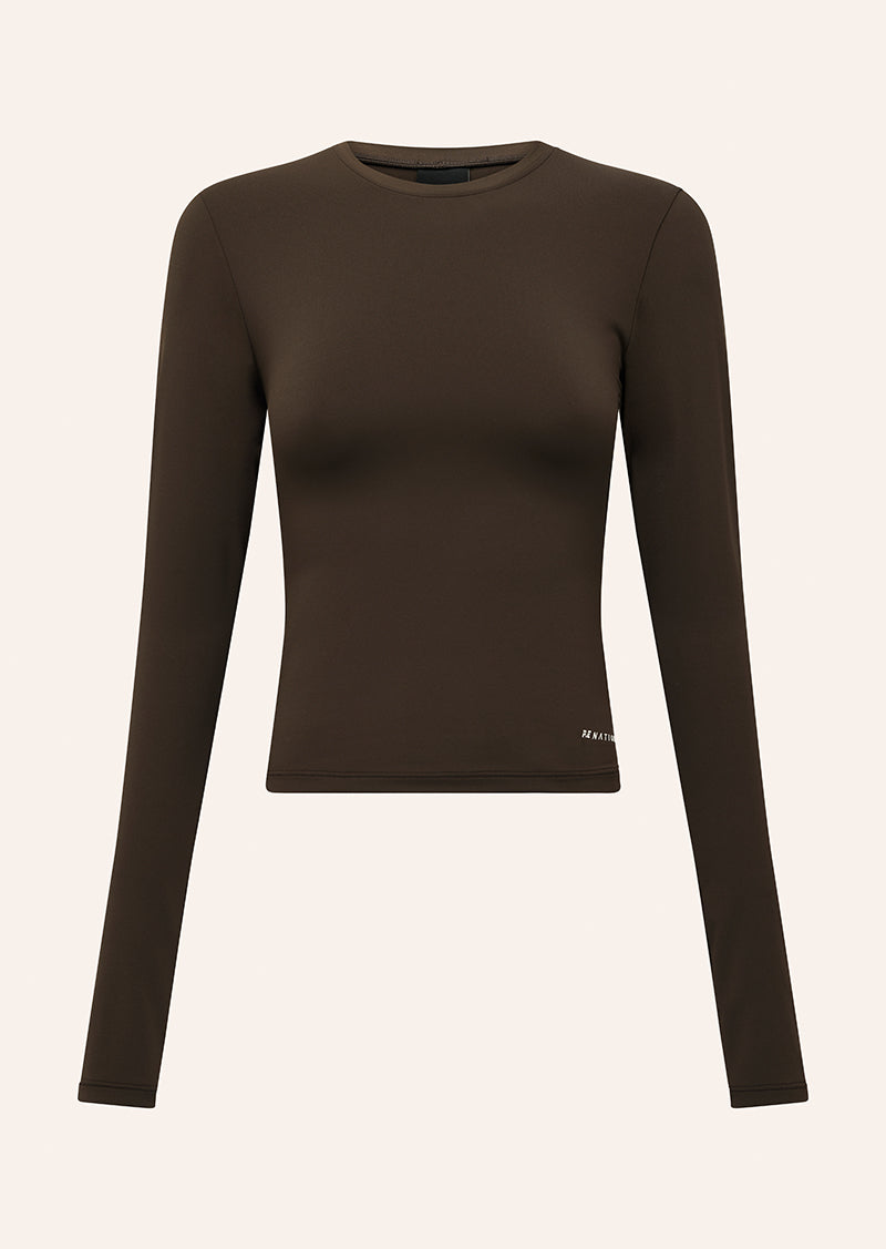 FOUNDATION LONG SLEEVE TOP IN COFFEE BY P.E NATION, WOMEN'S ATHLEISURE LONG SLEEVE TOPS