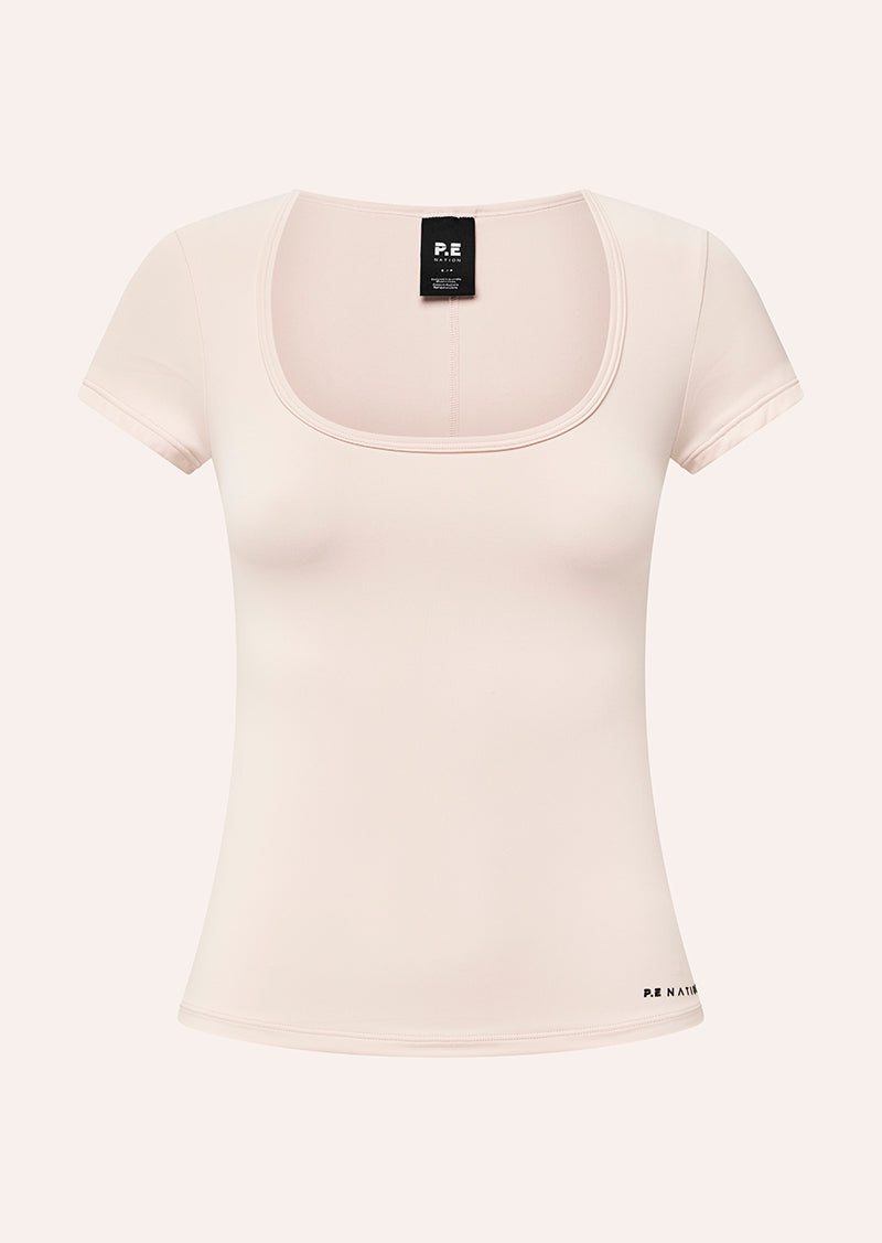 FOUNDATION SCOOP SHORT SLEEVE TOP IN SOFT PINK BY P.E NATION, WOMEN'S ATHLEISURE SHORT SLEEVE TEES