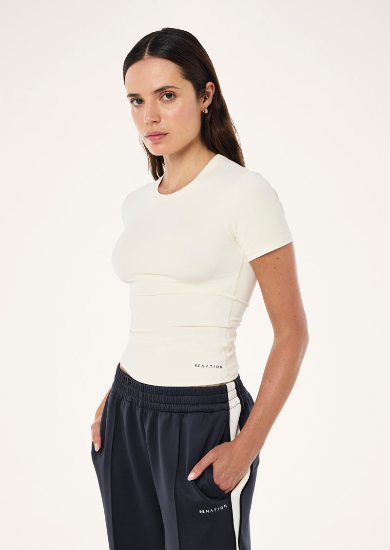 FOUNDATION SHORT SLEEVE TEE IN WHISPER WHITE BY P.E NATION, WOMEN'S ATHLEISURE TEES
