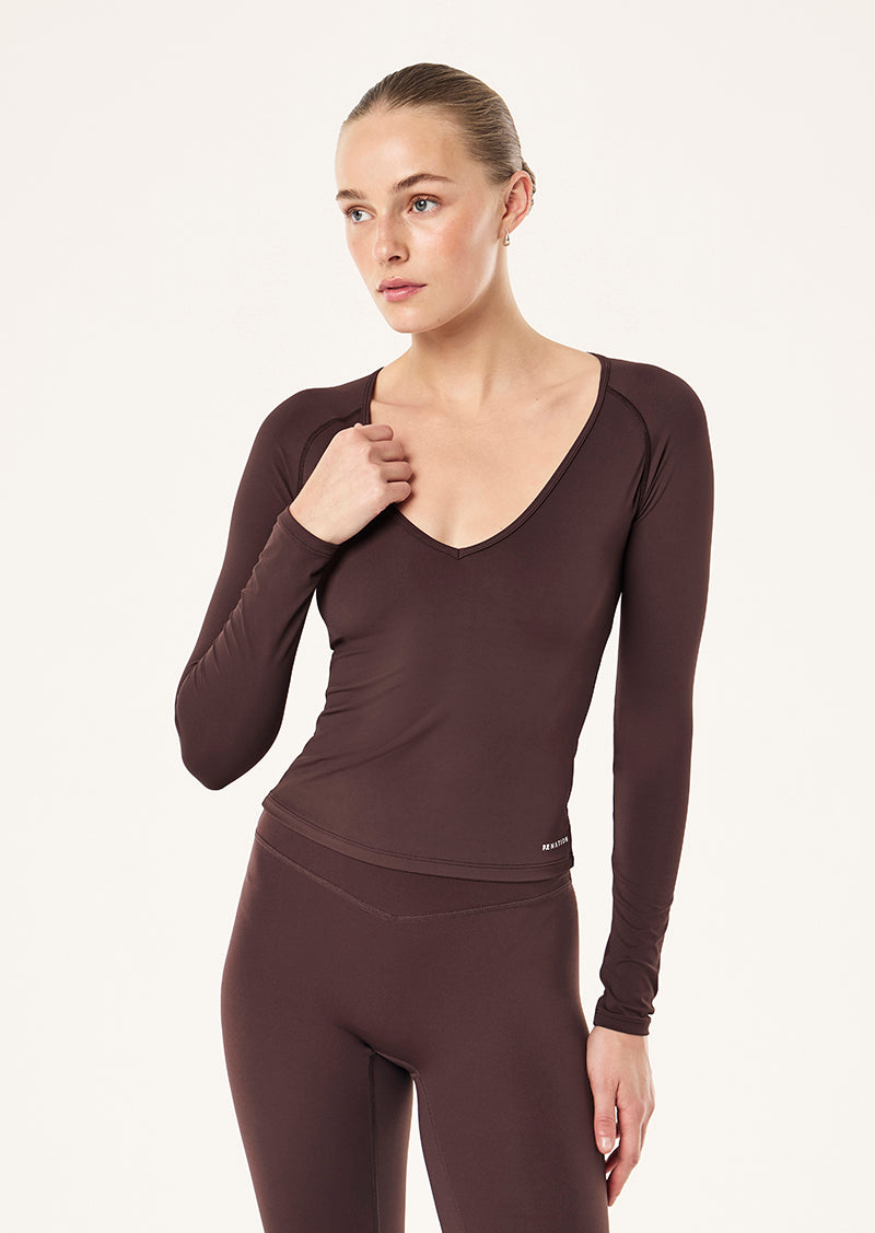 FOUNDATION V NECK LONG SLEEVE TOP IN DARK PLUM BY P.E NATION