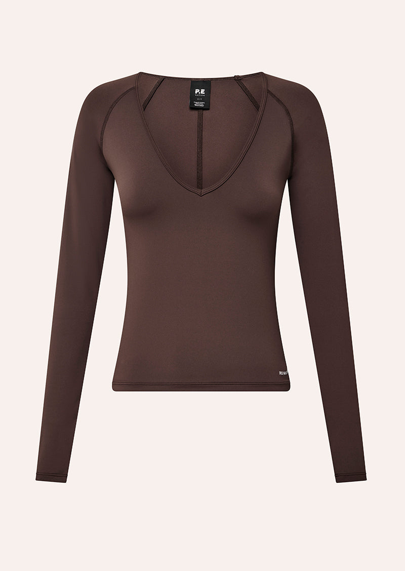 FOUNDATION V NECK LONG SLEEVE TOP IN DARK PLUM BY P.E NATION, WOMEN'S ATHLEISURE LONG SLEEVE TOP