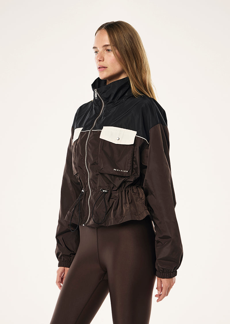 FRONTIER JACKET IN ESPRESSO BY P.E NATION, WOMENS ATHLEISURE SPRAY JACKET BROWN