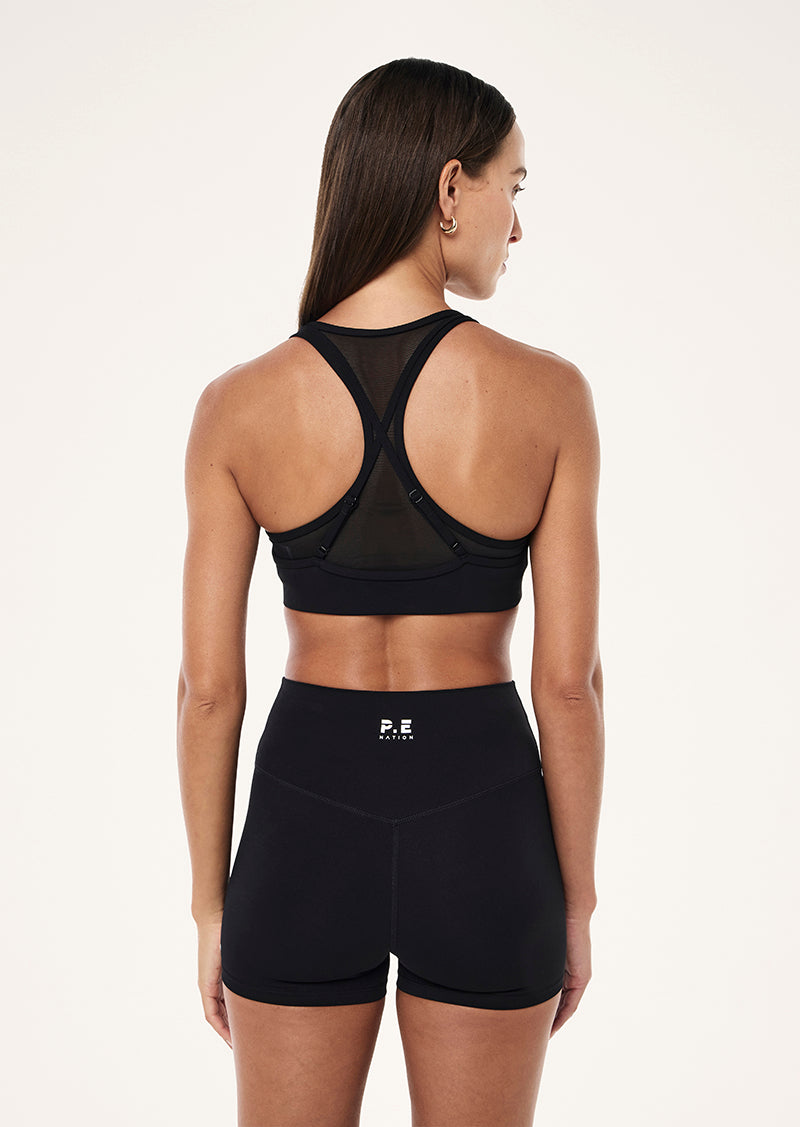 FUSION SPORTS BRA IN BLACK BY P.E NATION, WOMEN'S ATHLEISURE SPORTS BRAS