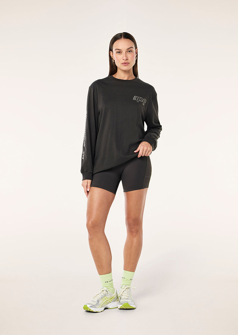 GLIDE LONG SLEEVE TEE IN CAVIAR BY P.E NATION, WOMEN'S ATHLEISURE LONG SLEEVE TEES