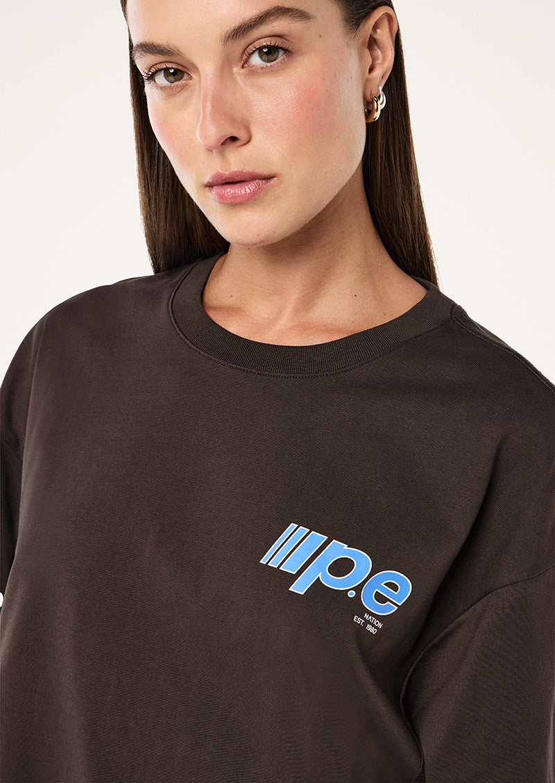 GLIDE OVERSIZED TEE IN COFFEE BY P.E NATION, WOMEN'S ATHLEISURE OVERSIZED TEE