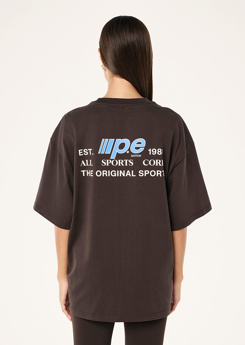 GLIDE OVERSIZED TEE IN COFFEE BY P.E NATION, WOMEN'S ATHLEISURE OVERSIZED TEE