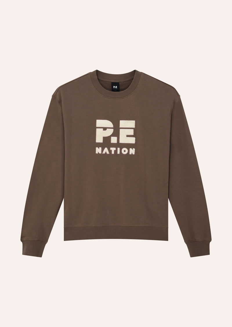 HEADS UP BOUCLE SWEAT IN WALNUT BY P.E NATION, WOMENS ATHLEISURE GRAPHIC SWEATSHIRT BROWN