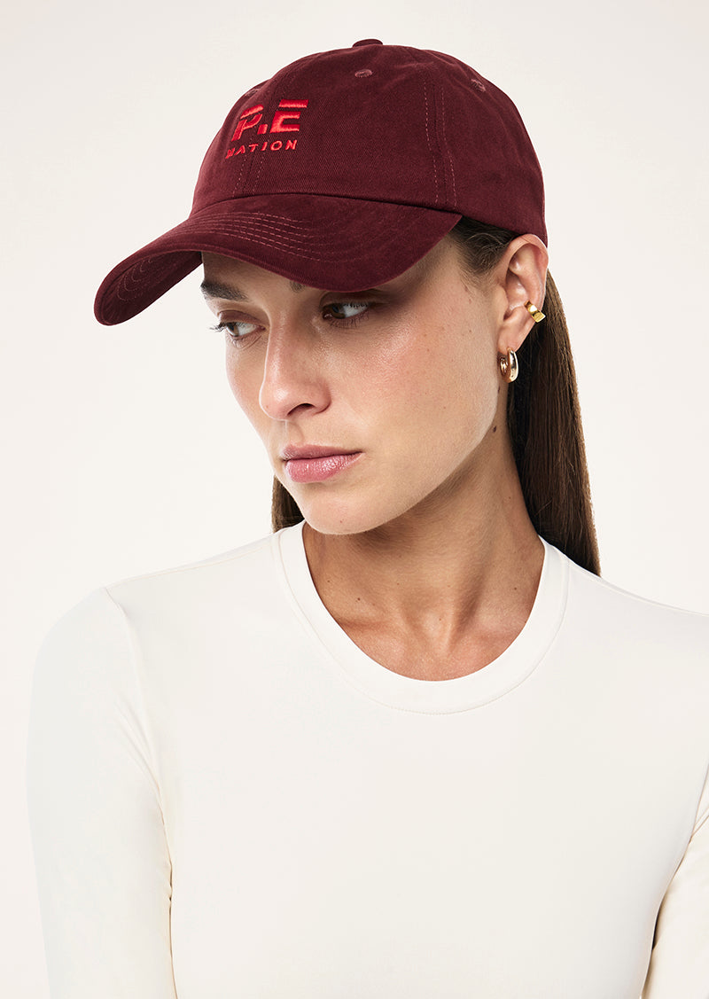 HEADS UP CAP IN CABERNET AND STRAWBERRY BY P.E NATION, WOMEN'S ATHLEISURE CAPS