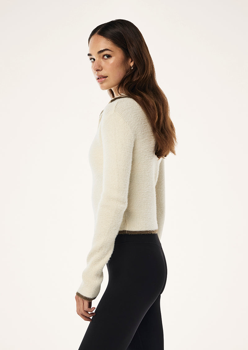 IGNITE ZIP NECK KNIT IN WHISPER WHITE BY P.E NATION, WOMENS ATHLEISURE LONG SLEEVE TOP CREAM