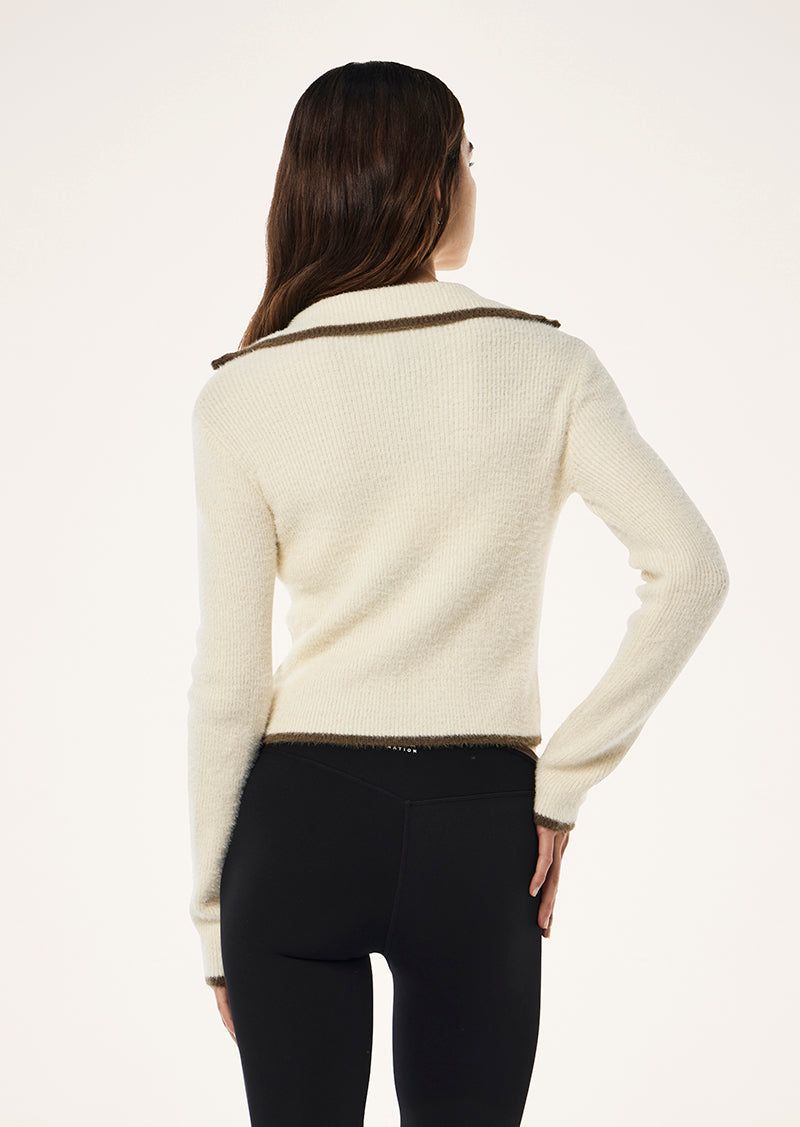 IGNITE ZIP NECK KNIT IN WHISPER WHITE BY P.E NATION, WOMENS ATHLEISURE LONG SLEEVE TOP CREAM