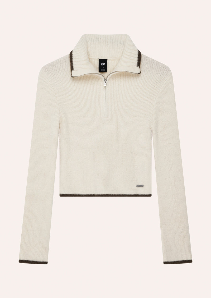 IGNITE ZIP NECK KNIT IN WHISPER WHITE BY P.E NATION, WOMENS ATHLEISURE LONG SLEEVE TOP CREAM