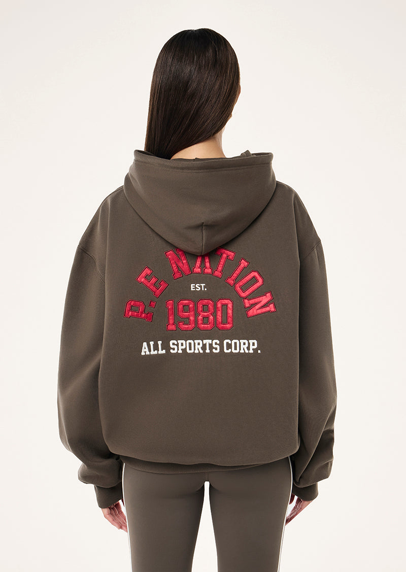 INBOUND HOODIE IN MAJOR BROWN BY P.E NATION, WOMEN'S ATHLEISURE HOODIES