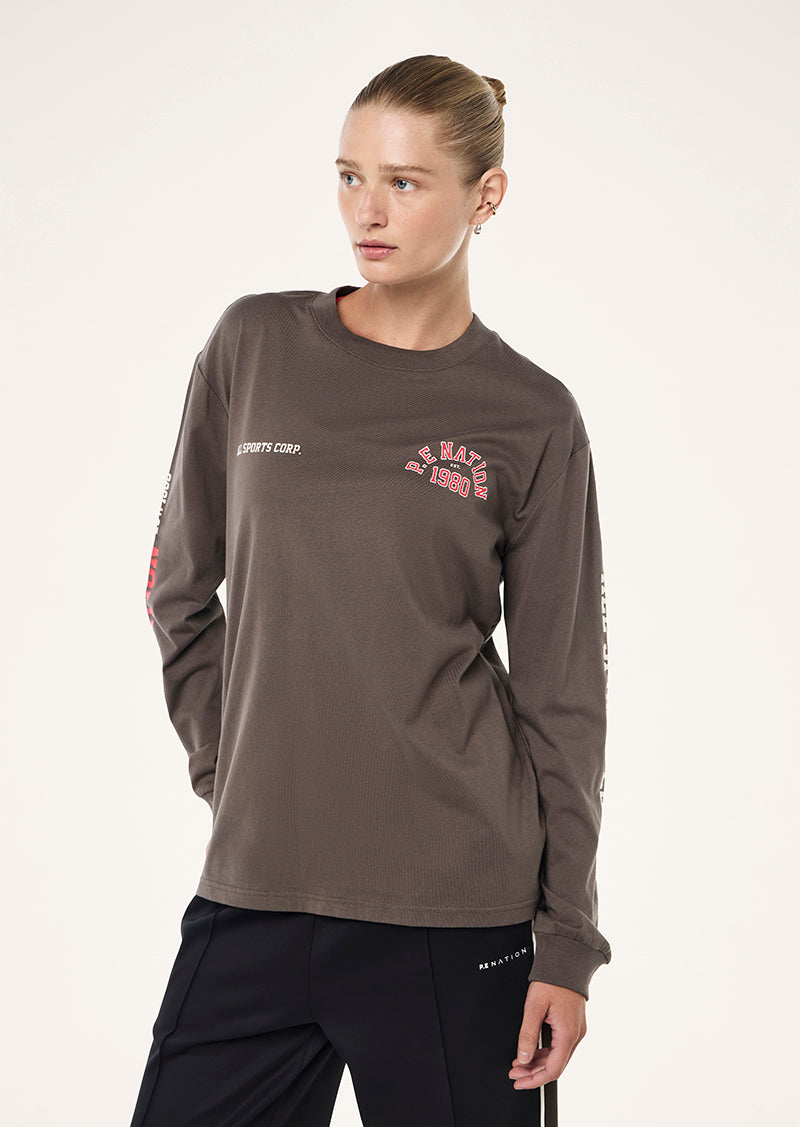 INBOUND LONG SLEEVE TEE IN MAJOR BROWN BY P.E NATION, WOMEN'S ATHLEISURE LONG SLEEVE TEES
