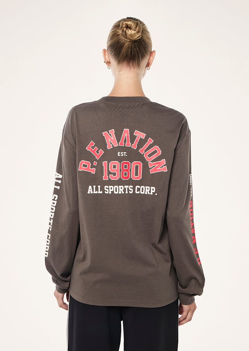 INBOUND LONG SLEEVE TEE IN MAJOR BROWN BY P.E NATION, WOMEN'S ATHLEISURE LONG SLEEVE TEES