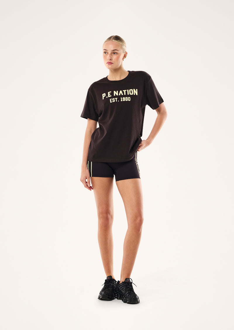 INFINITY RELAXED TEE IN BLACK BEAN BY P.E NATION, WOMEN'S ATHLEISURE RELAXED TEE