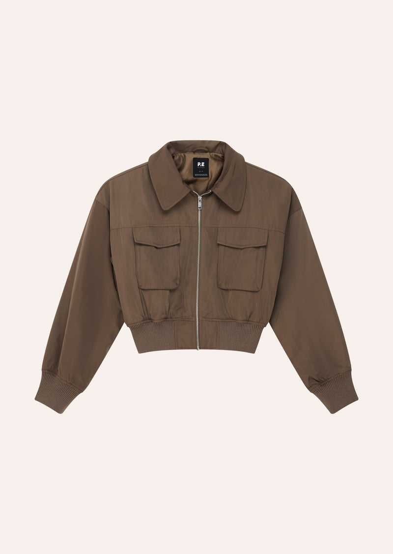 PURSUIT BOMBER IN WALNUT BY P.E NATION, WOMENS ATHLEISURE FASHION BOMBER JACKET BROWN