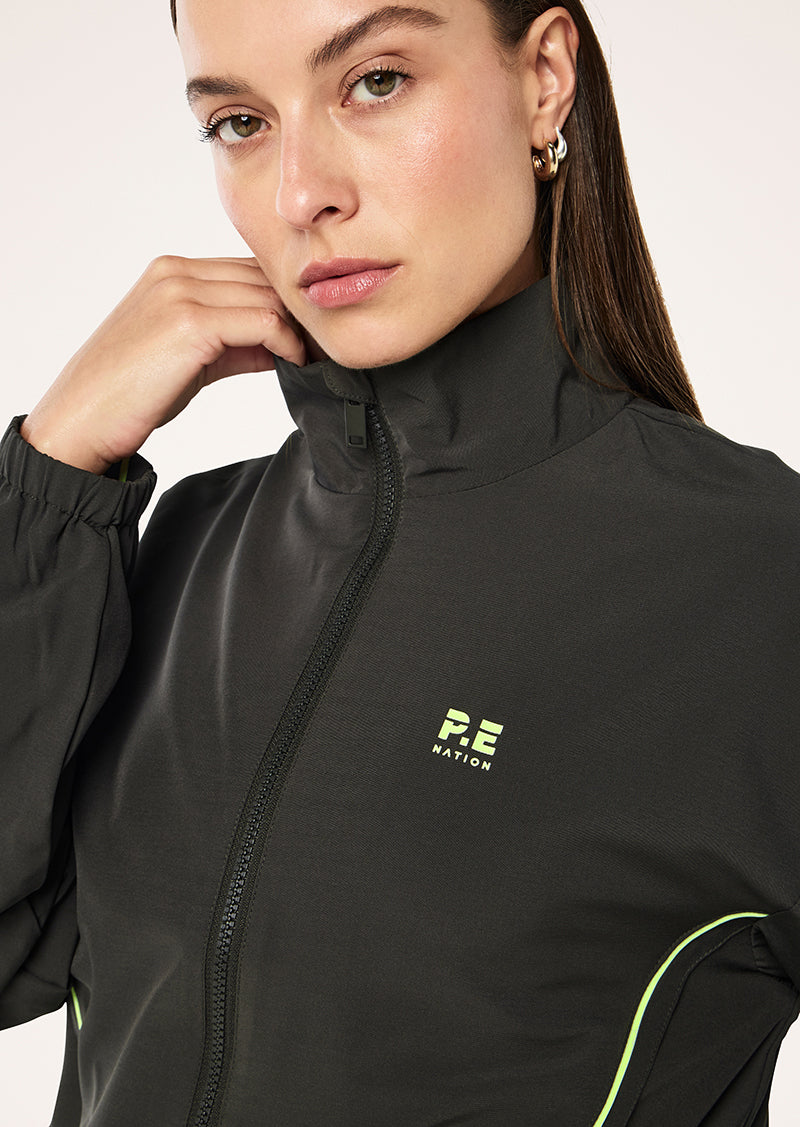 LINEAR JACKET IN CAVIAR & WASHED LIME BY P.E NATION, WOMEN'S ATHLEISURE RUNNING JACKETS