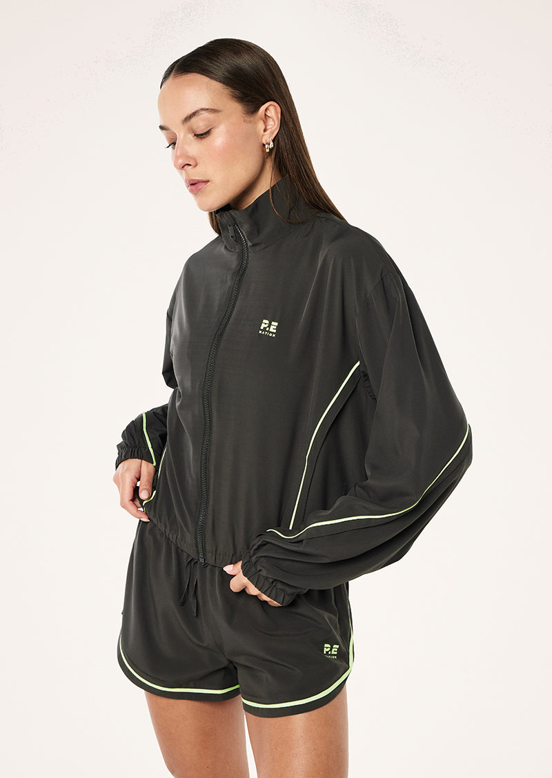 LINEAR JACKET IN CAVIAR & WASHED LIME BY P.E NATION, WOMEN'S ATHLEISURE RUNNING JACKETS