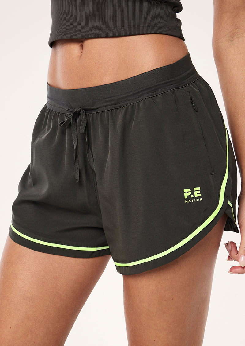 LINEAR SHORTS IN CAVIAR & LIME BY P.E NATION, WOMEN'S ATHLEISURE RUNNING SHORTS