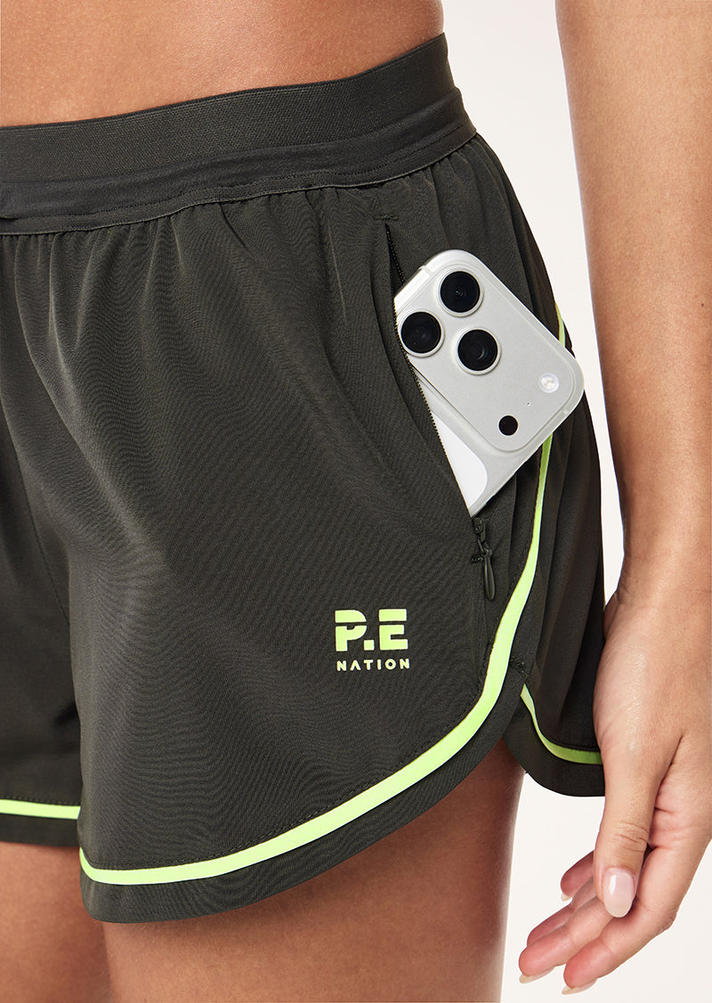 LINEAR SHORTS IN CAVIAR & LIME BY P.E NATION, WOMEN'S ATHLEISURE RUNNING SHORTS