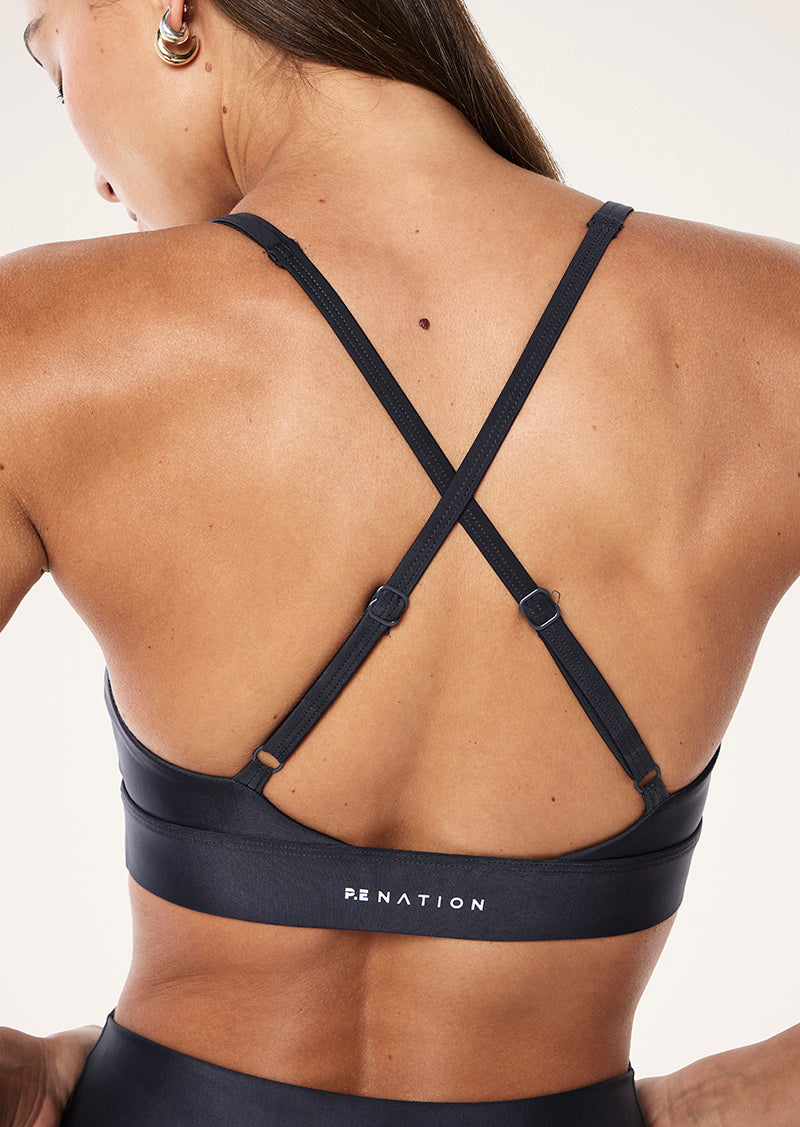 LUMEN SPORTS BRA IN MARINE BLUE SHINE BY P.E NATION, WOMEN'S ATHLEISURE SPORTS BRA